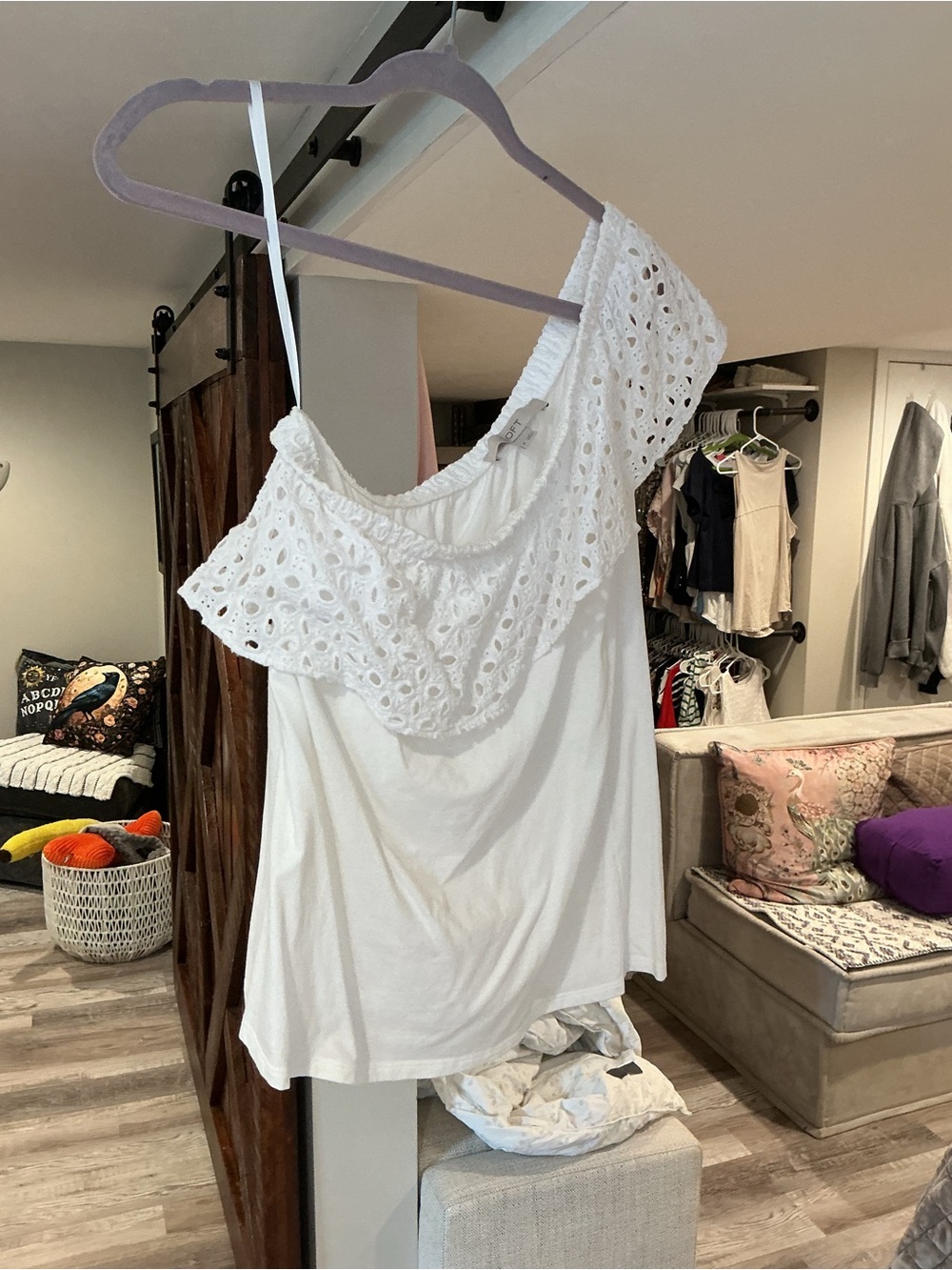 Loft White Eyelet Off-Shoulder asymmetrical Top